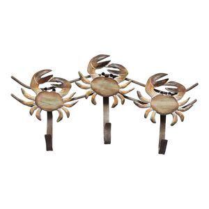 Stone Crab Triple Hooks Carved Wood and Metal Wall Decor